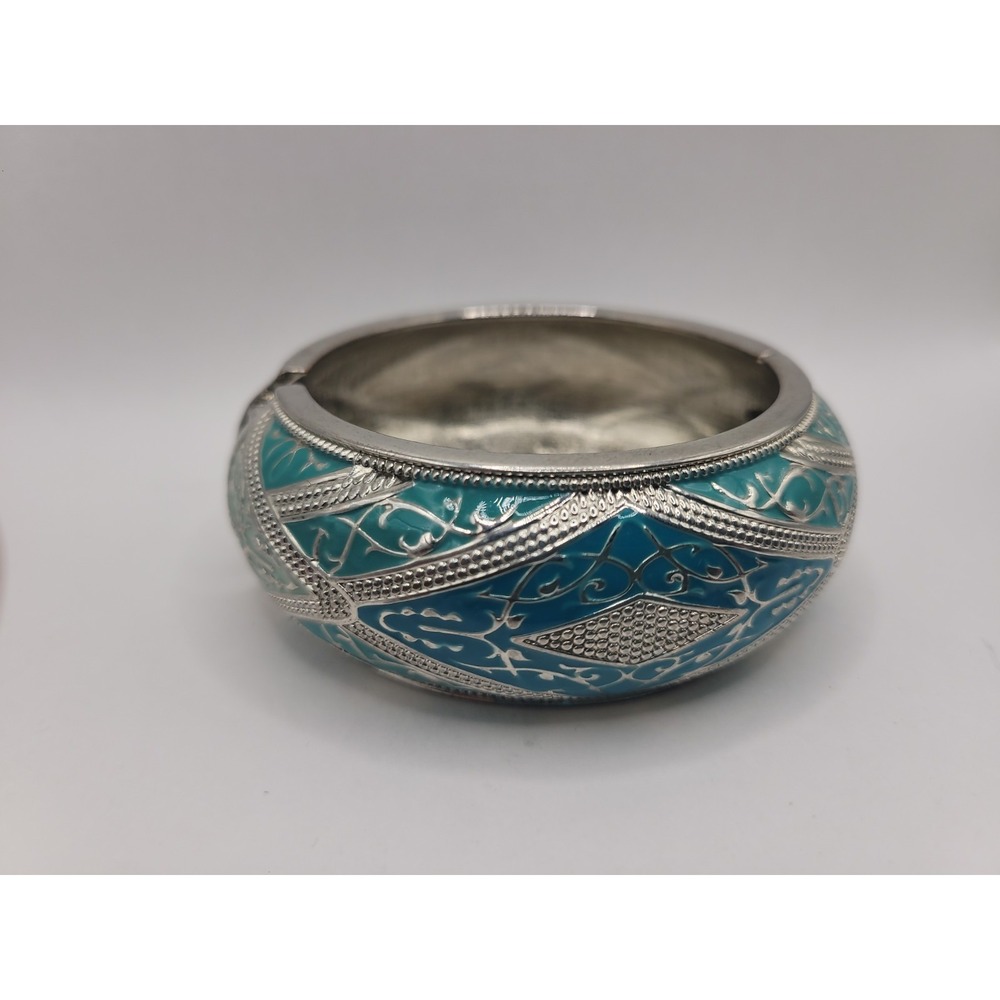 Silver Tone Blue Green Enamel Hinged Bangle Bracelet Wide Scrollwork Statement